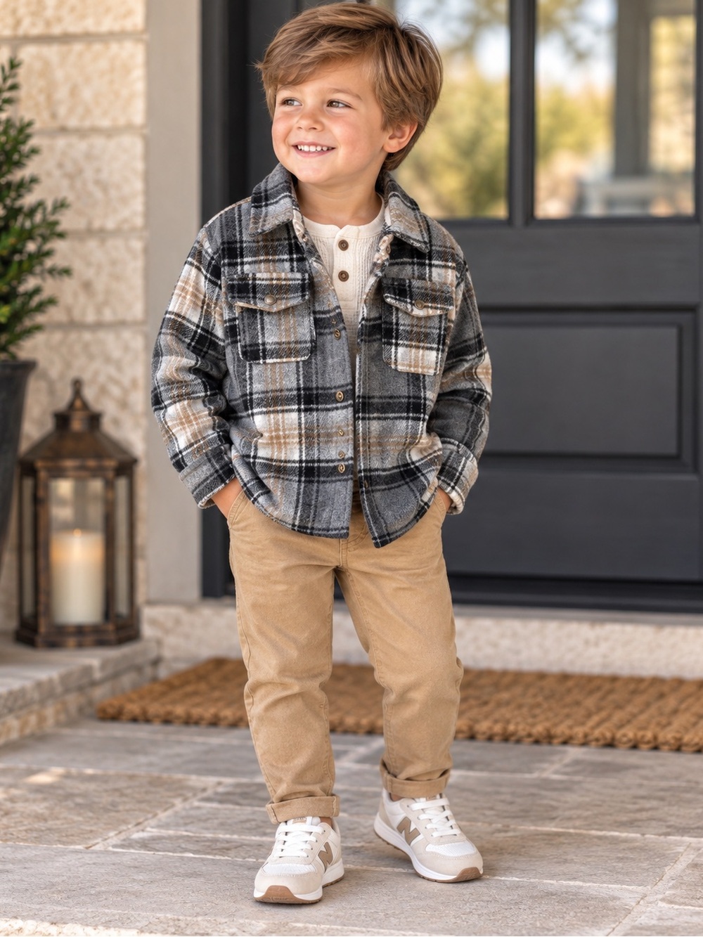 Kids Plaid Shacket Jacket in Black & Tan